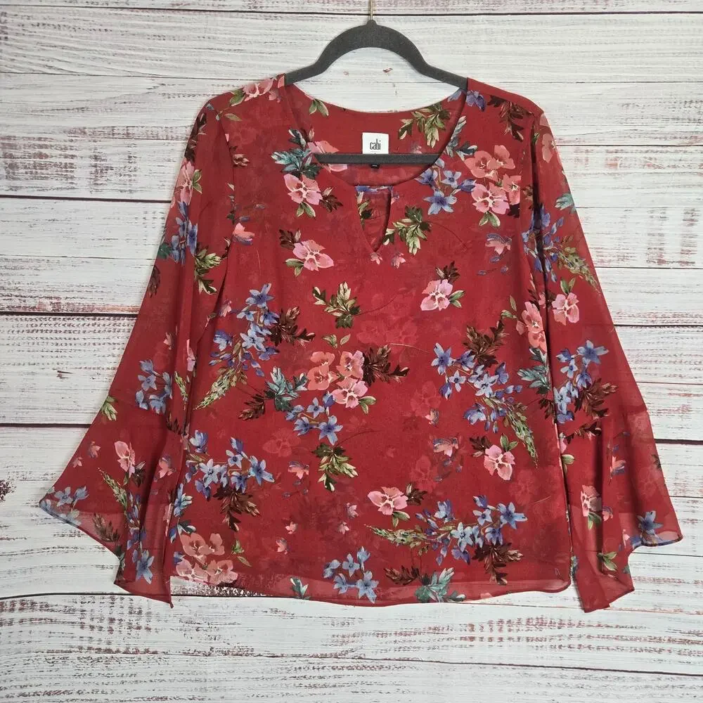 Cabi Devoted Red Floral Bell Sleeve Blouse S Sheer Lined Boho Festival Bloom Top